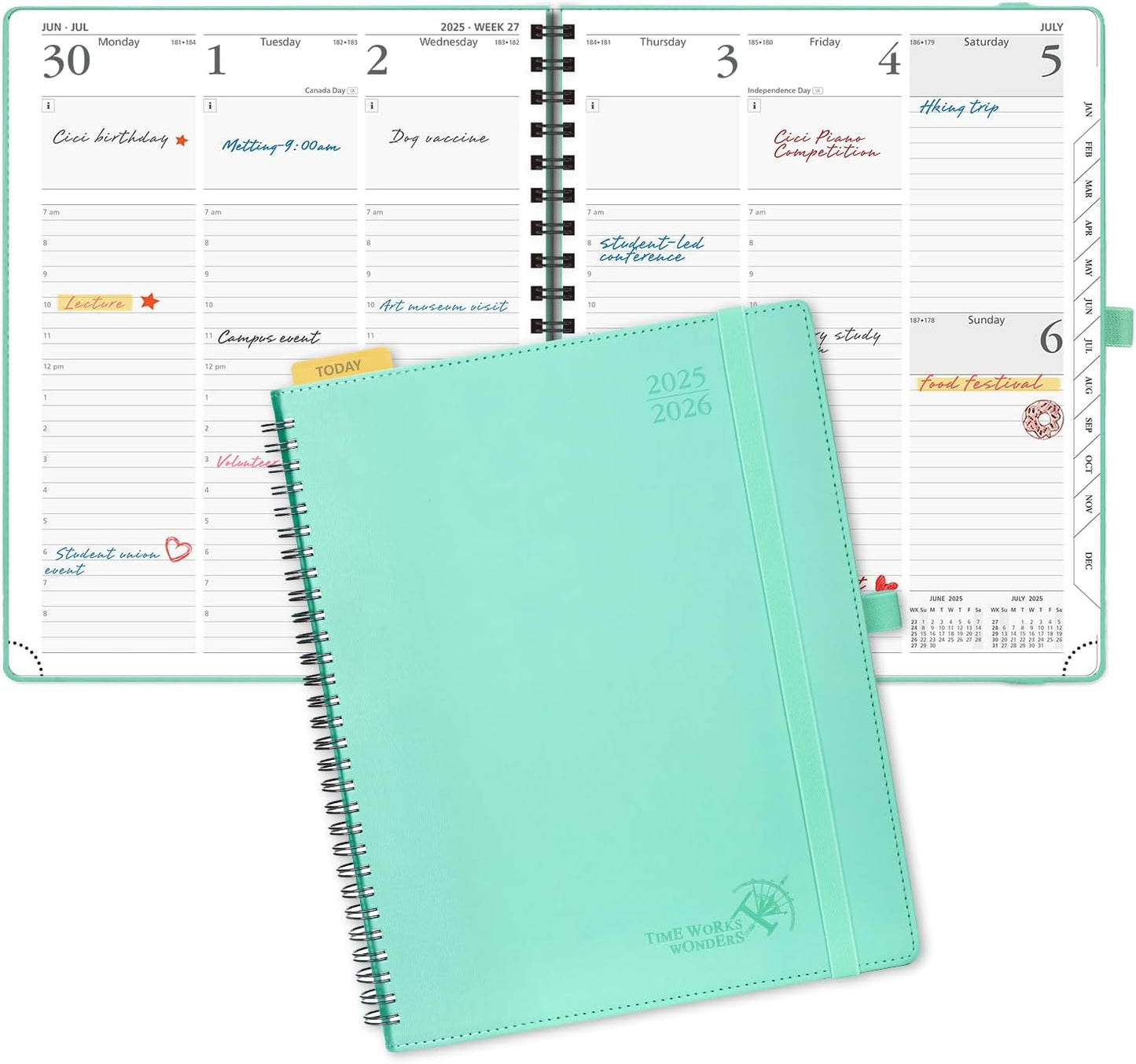 POPRUN Planner 2025-2026 (Large - 8.5'' x 10.5'') Academic Weekly Calendar (July 2025 - June 2026) with Hourly Time Slots, Monthly Tabs, 100GSM Thick Papers, Spiral Leather Cover - Green