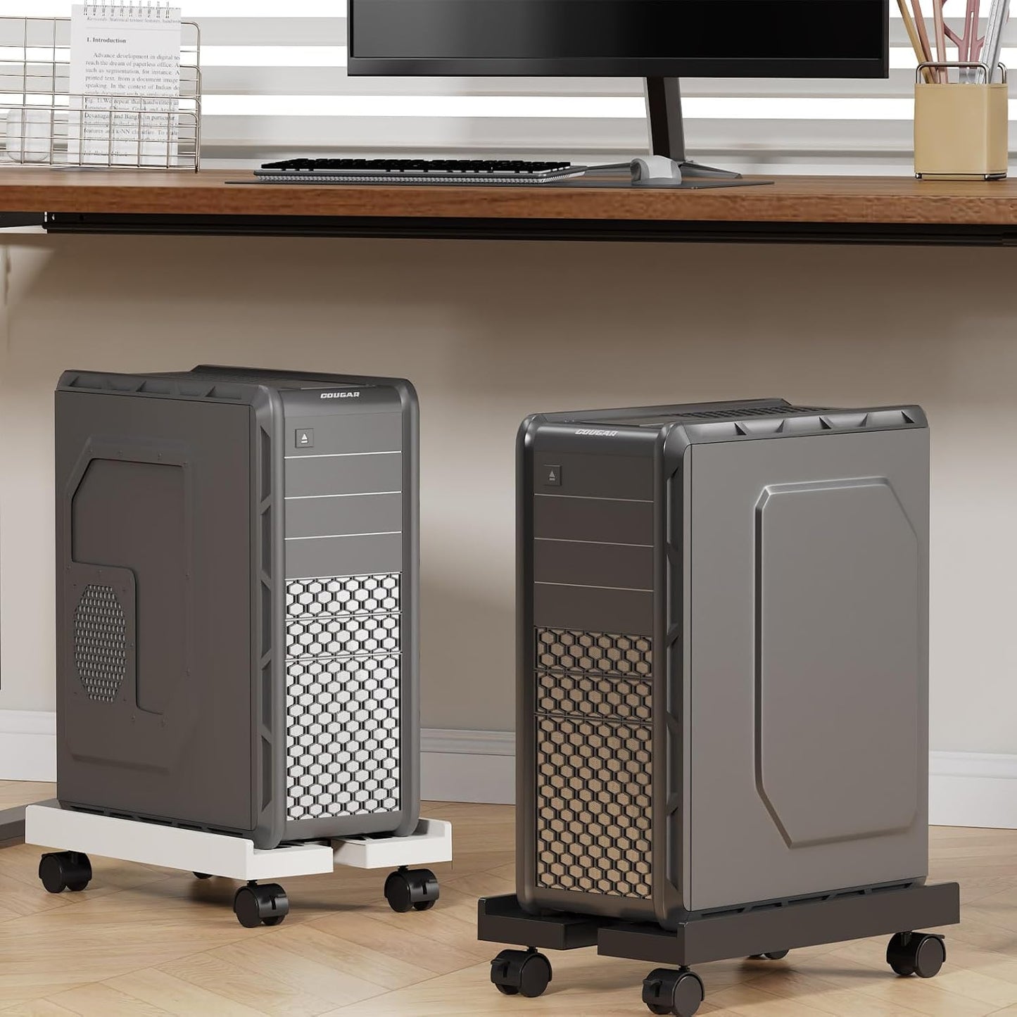 Adjustable Mobile CPU Stand, Ventilated Computer Tower Stand with 4 Caster Wheels Fits Most PC Tower, Under Desk CPU Holder PC Floor Cart Computer Riser for Gamers and Students (Gray)