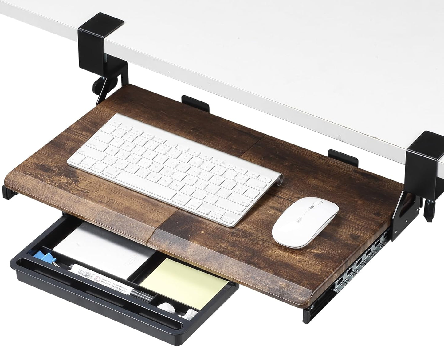ETHU Keyboard Tray Under Desk, 19.7" X 12.2" Small Size C Clamp Keyboard Drawer Under Desk, Computer Keyboard Stand Slide Pull Out, Ergonomic Keyboard Tray for Home, Office (Wood)