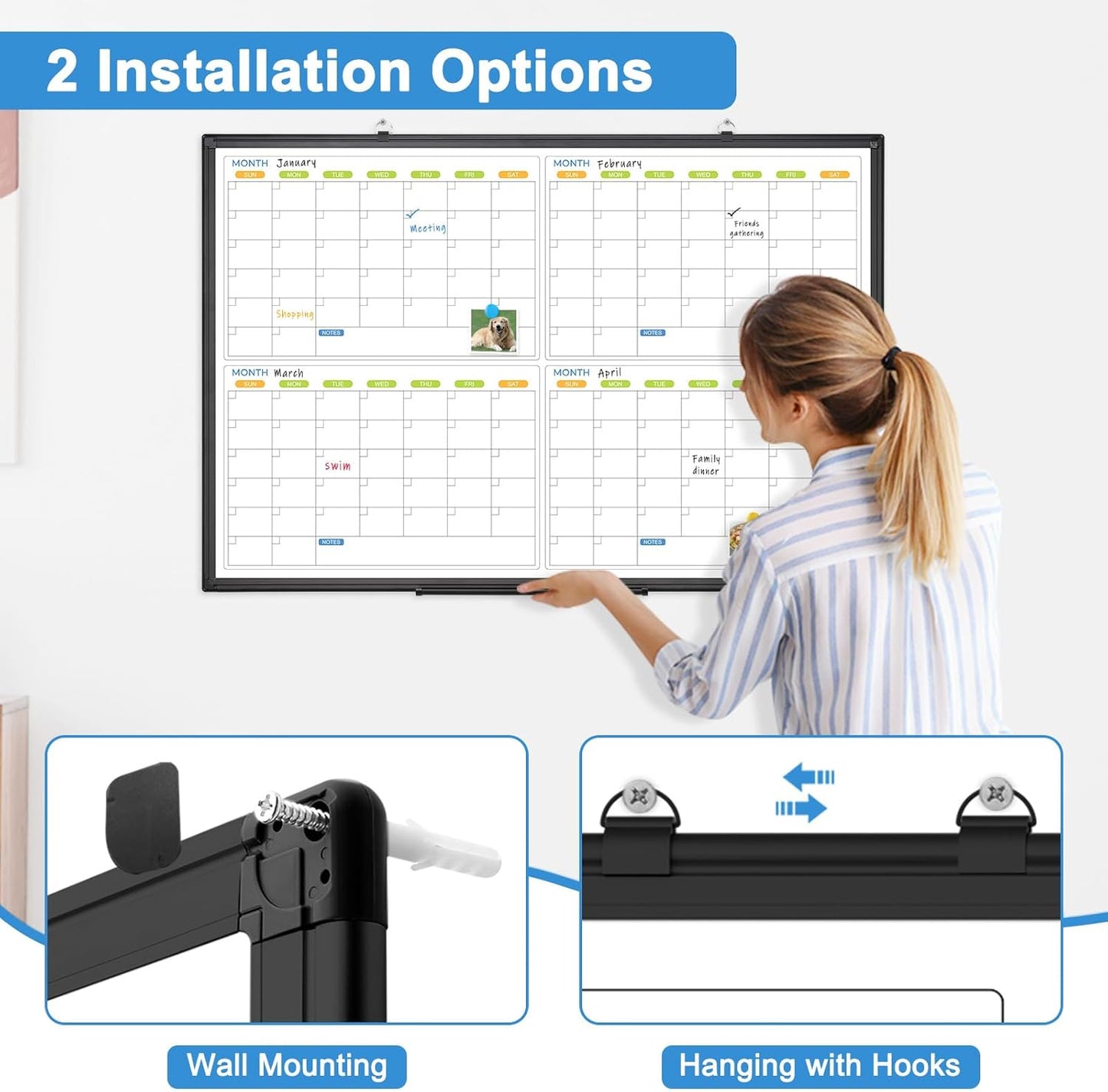 Dry Erase Calendar For Wall 4 Month, WALGLASS 36" x 24" Large Double-sided White Board Calendar, Dry Erase Monthly Planner Board, Black Aluminum Frame Hanging Wall Mounted Board for Office Home School