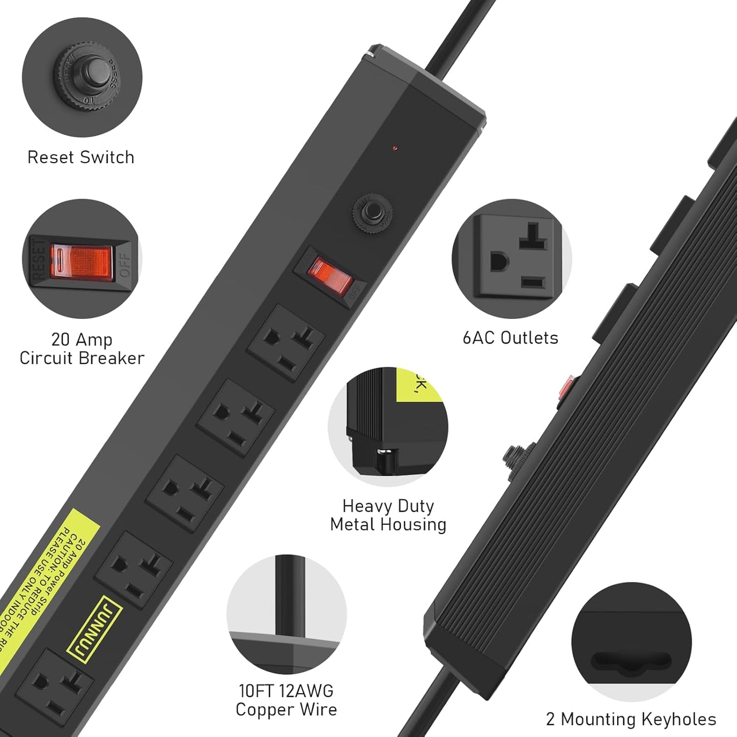 JUNNUJ Heavy Duty Metal Power Strip 20 Amp, High Amp Surge Protector 6 Outlet, 20A Power Strips Workshop Industrial Outlets Wide Spaced 6-20R T-Slot with Circuit Breaker, 12 Gauge Extension Cord 10ft