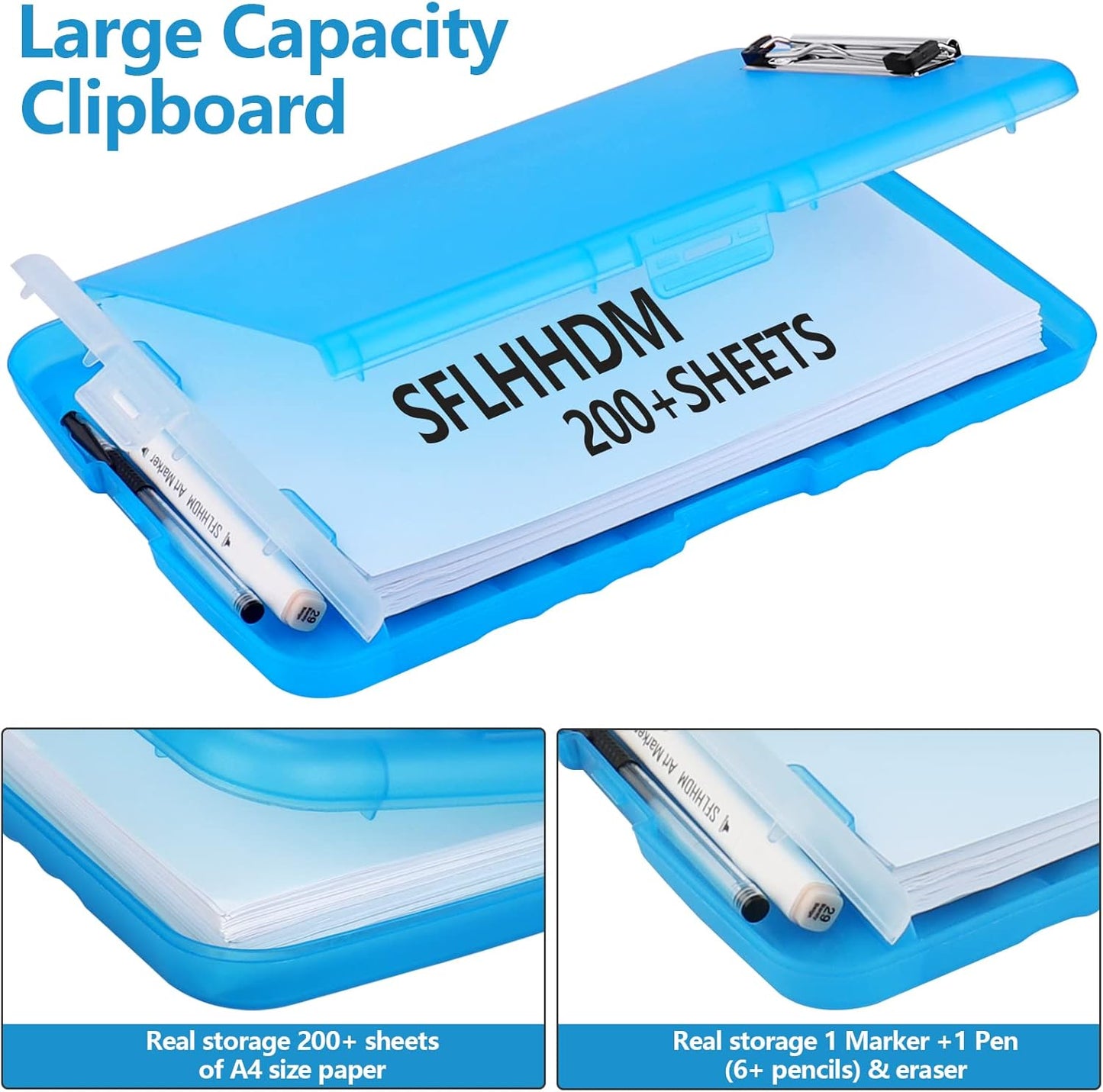 Clipboard with Storage, A4 Binder Nursing Clipboards with Pen Holder, Heavy Duty Storage Clipboard with Low Profile Clip, Clipboards Folder Side-Opening, Smooth Writing Clip Board (Transparent Blue)