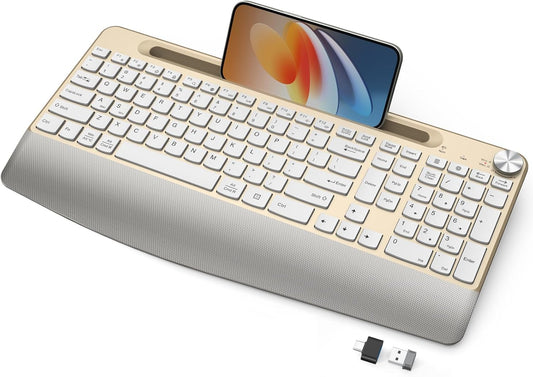 JOYACCESS Ergonomic Wireless Keyboard with Palm Rest & Tilt Angle, 2.4G Full-Size, Comfortable Typing, USB-C Adapter & Phone Holder for Mac/Windows -Gold White