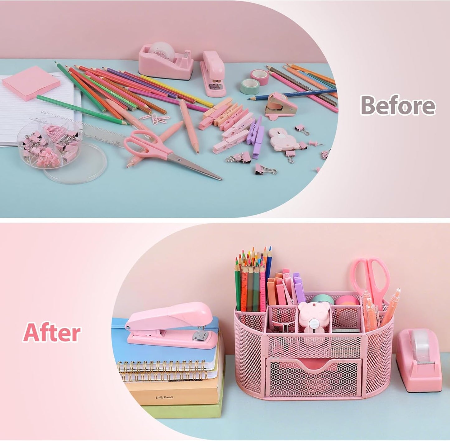 Office Supplies for Desk,14pcs Pink Desk Sets and Accessories, Office Supply Kit with Mesh Desktop Organizer and Stapler,Staple Remover, Staples,Tape Dispenser,Sticky Tabs,Scissors, Ruler