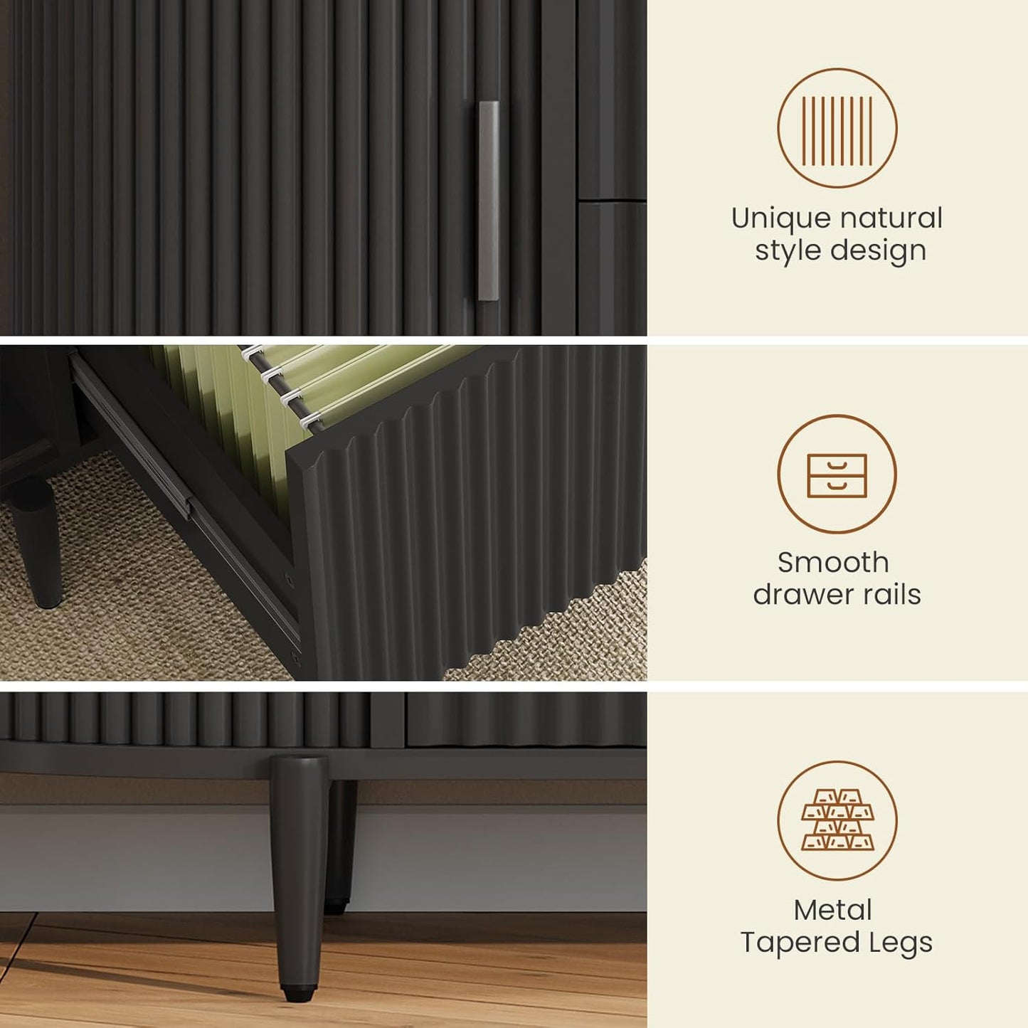 SEDETA 39.4" Filing Cabinet for Home Office, 2 Drawer File Cabinet, fit Legal/Letter/A4 Size, Modern Fluted Filing Cabinets with 2 Sliding Door Storage, Printer Stand, Black