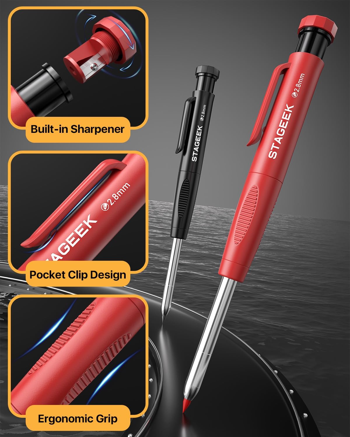 3PCS Carpenter Pencils with Sharpener, Heavy Duty Woodworking Tools, Mechanical Pencil Set with 39 Refills, Deep Hole Long Nib Marker Pens for Architect Marking with Case (Red, Black, Yellow)