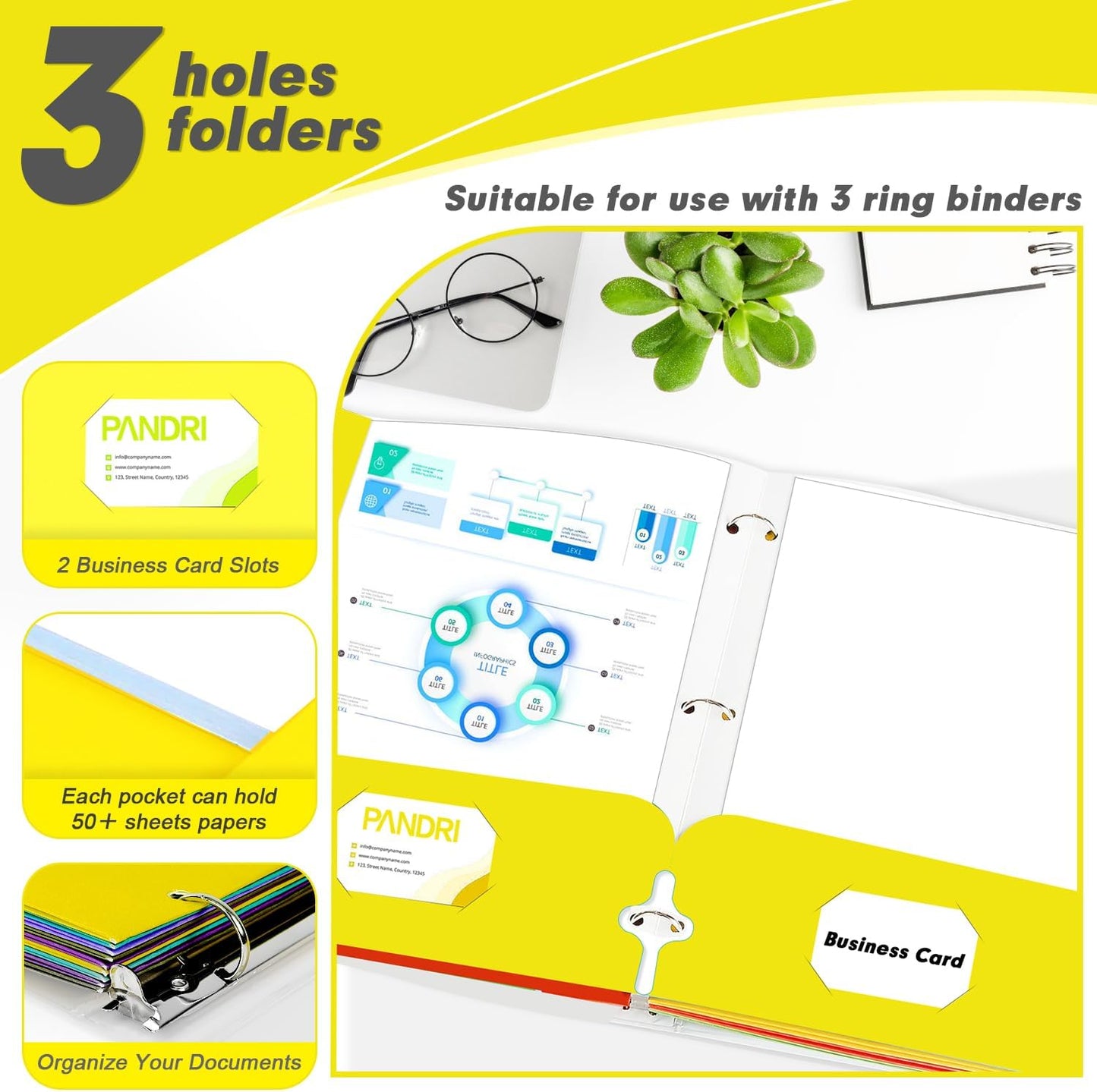 Two Pocket Portfolio Folders, PANDRI 60 Pack 3 Hole Punched 2 Pocket Folders for 3 Ring Binder, Letter Size Paper File Folder for School Office Home Business, Yellow