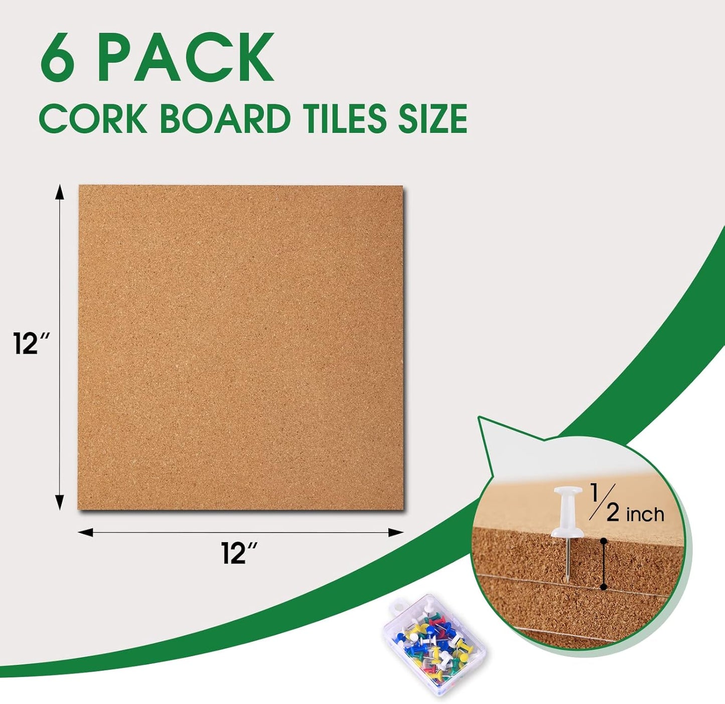 6 Pack Cork Bulletin Board 12 x 12 Inch - 1/2" Thick Cork Board Tiles,Self-Adhesive Frameless Cork Tiles Wall Decor with 50 PCS Pushpins for DIY, Office, School and Home Decor