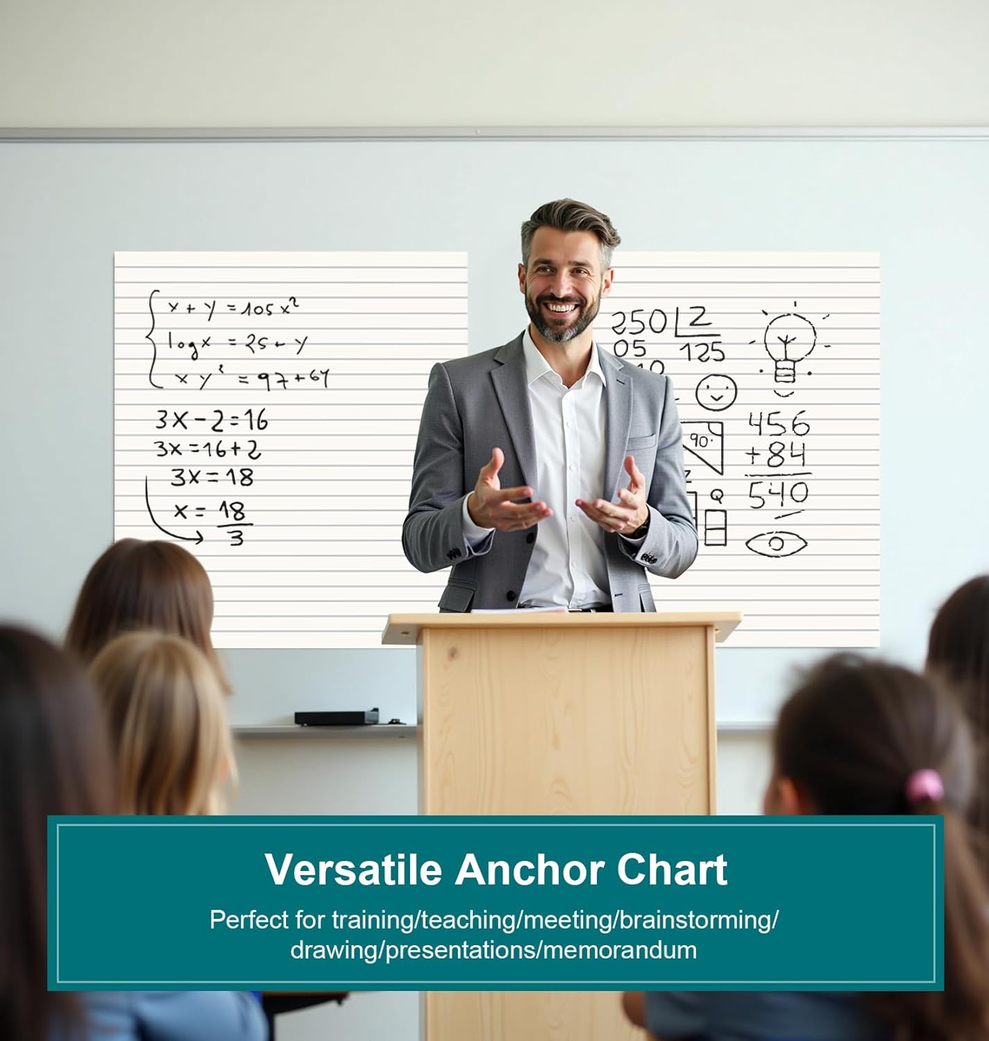 ViVin Lined Sticky Easel Pad, 25 x 30 Inches Flip Chart Paper for Teachers and Students, Large Self Stick Easel Paper, Teacher Anchor Chart, 30 Sheets/Pad, 4 Pads/Pack