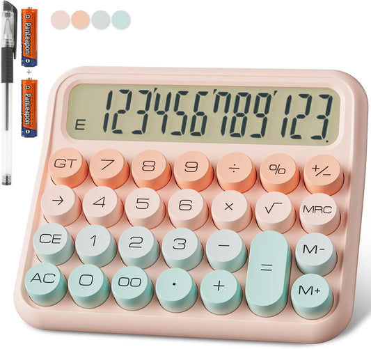 Mechanical Calculator 12 Digit Extra Large 5-Inch LCD Display, DECKLIT Battery Desk Calculator, Big Buttons Easy to Press Office Calculators Desktop, 15°Tilt Screen for Kids Calculator(Green&Pink)