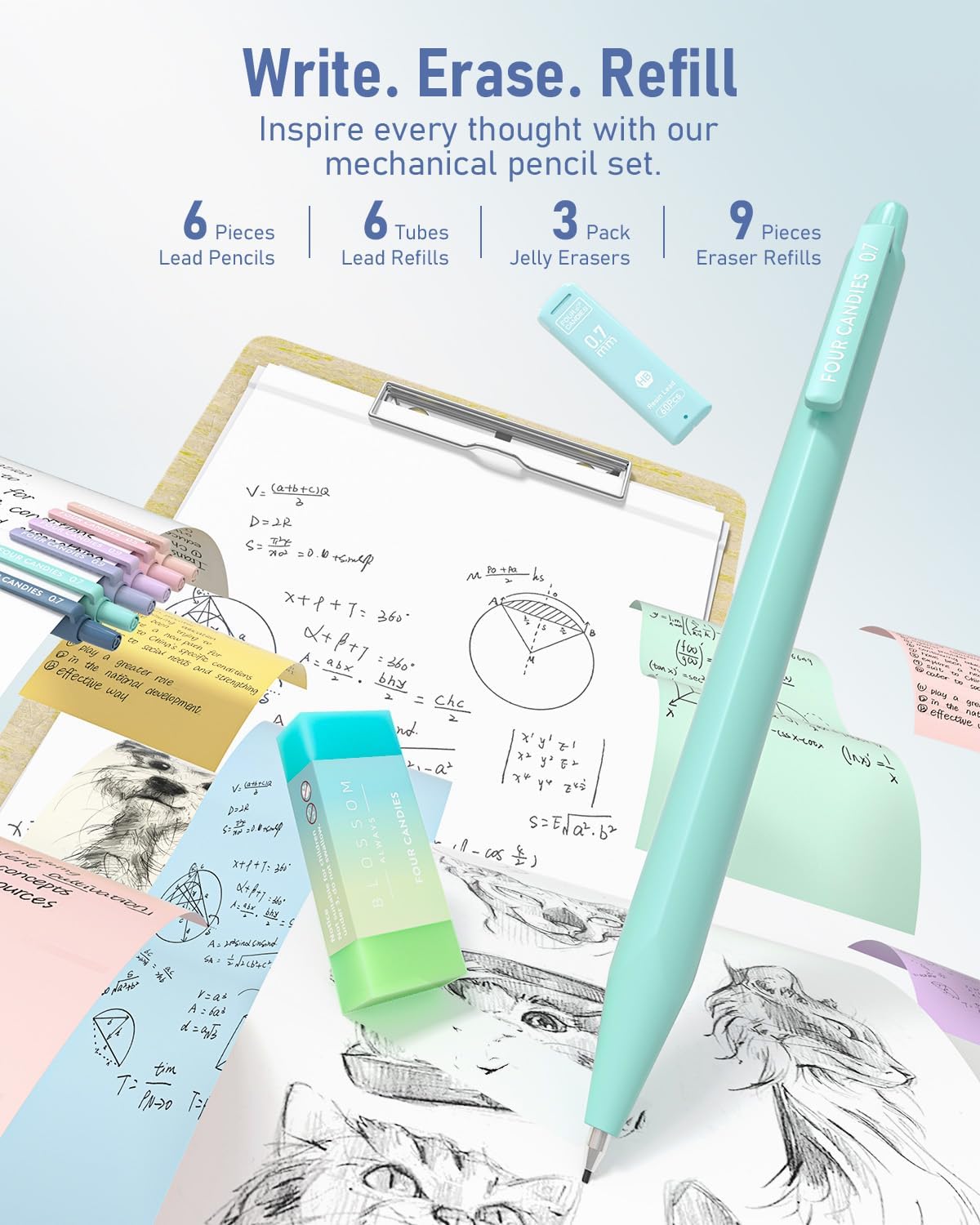 Four Candies 39 PCS Aesthetic School Supplies with Cute Pen Case, 12 Pastel Highlighters, 5 Black Ink Gel Pens, 6 Mechanical Pencils Set 0.5 & 0.7mm for Students Stationary College Essentials (Blue)