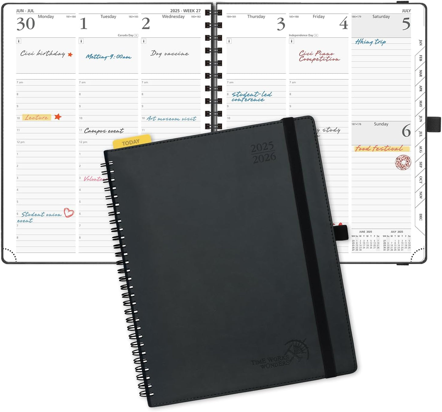 POPRUN Planner 2025-2026 (Large - 8.5'' x 10.5'') Academic Weekly Calendar (July 2025 - June 2026) with Hourly Time Slots, Monthly Tabs, 100GSM Thick Papers, Spiral Leather Cover - Black