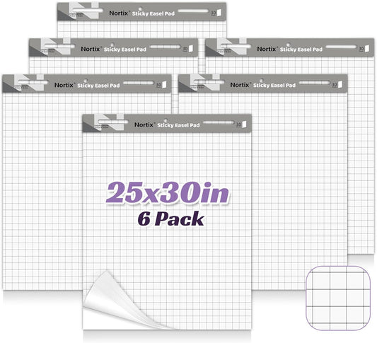 Nortix Sticky Easel Pad, 25x30 Inches Large Self Stick Grid Flip Chart Paper, Upgraded Versatile Sticky Easel Pad with Dry Erase Surface for Meeting/Training/Doodling, 30 Sheets/Pads, 6 Pads