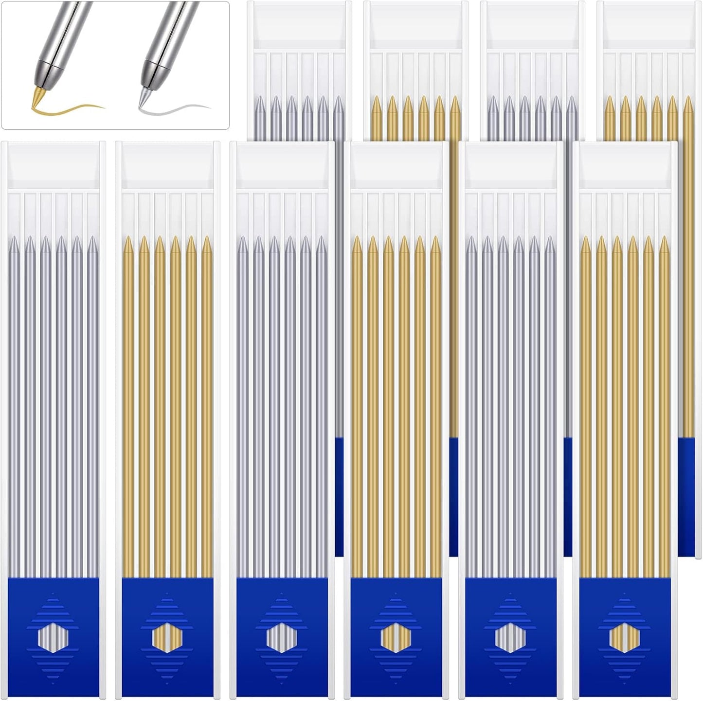 Spakon 60 Pcs 2.8mm Lead Refill Carpenter Construction Pencils Marker Lead Refills Dry Mechanical Woodworking Pencil Tools for Writing Drawing Drafting (Silver,Gold)