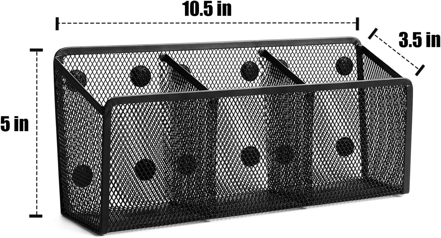 Magnetic Pencil Holder - Extra Strong Magnets Mesh Marker Holder Perfect for Whiteboard, Refrigerator and Locker Accessories (3 Baskets, 1 Pack Black)