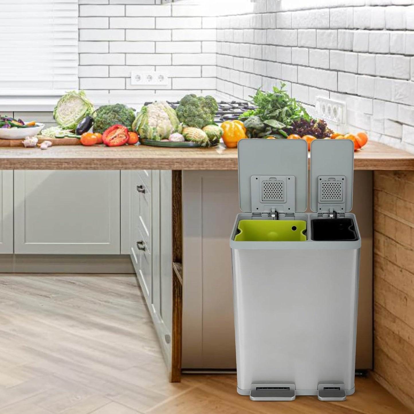 Simpli-Magic 60 Liter / 16 Gallon Rectangular Hands-Free Dual Compartment Recycling Kitchen Step Trash Can with Soft-Close Lid, Brushed Stainless Steel (38L x 22L Capacity)