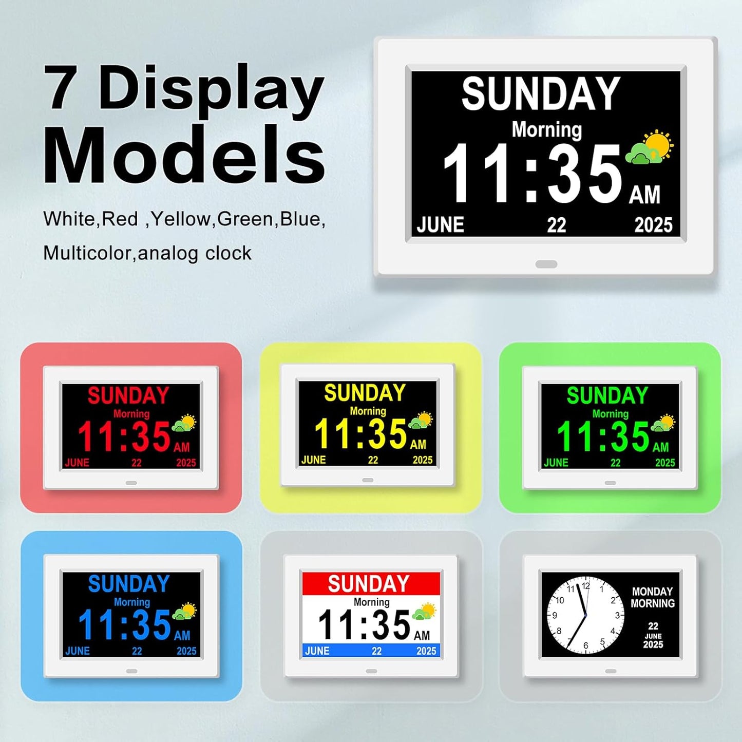 DIWAKREM 7'' Large Display Digital Clock for Seniors, Digital Calendar Alarm Clock for Elderly Clock with Date Day of Week 12 Alarms 4 Colors Desk Wall Clocks for Alzheimers Dementia Auto DST/Dimmer