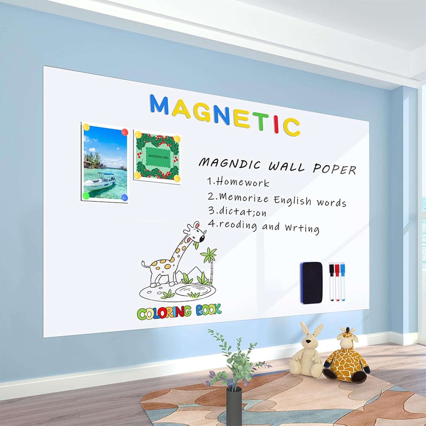 Magnetic Whiteboard Contact Paper 24" x 59" Peel and Stick Dry Erase White Board for Wall Self-Adhesive Decal Wallpaper Sticker for Office, Home, with Marker, Eraser and Magnet