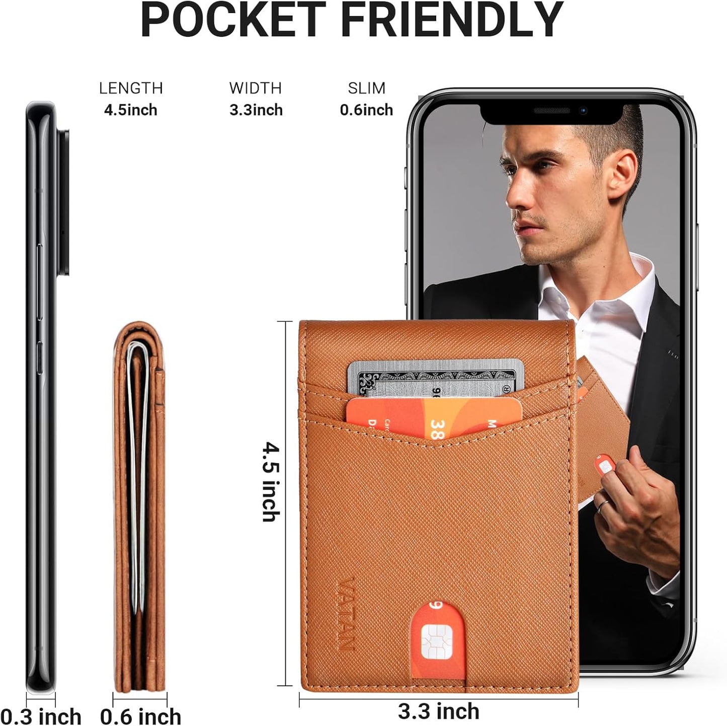 VATAN Wallet for Men, Mens Minimalist Wallet Credit Card Holder, Slim Leather Rfid 2 ID Window Large Capacity With Gift Box (Cross Grain Brown)