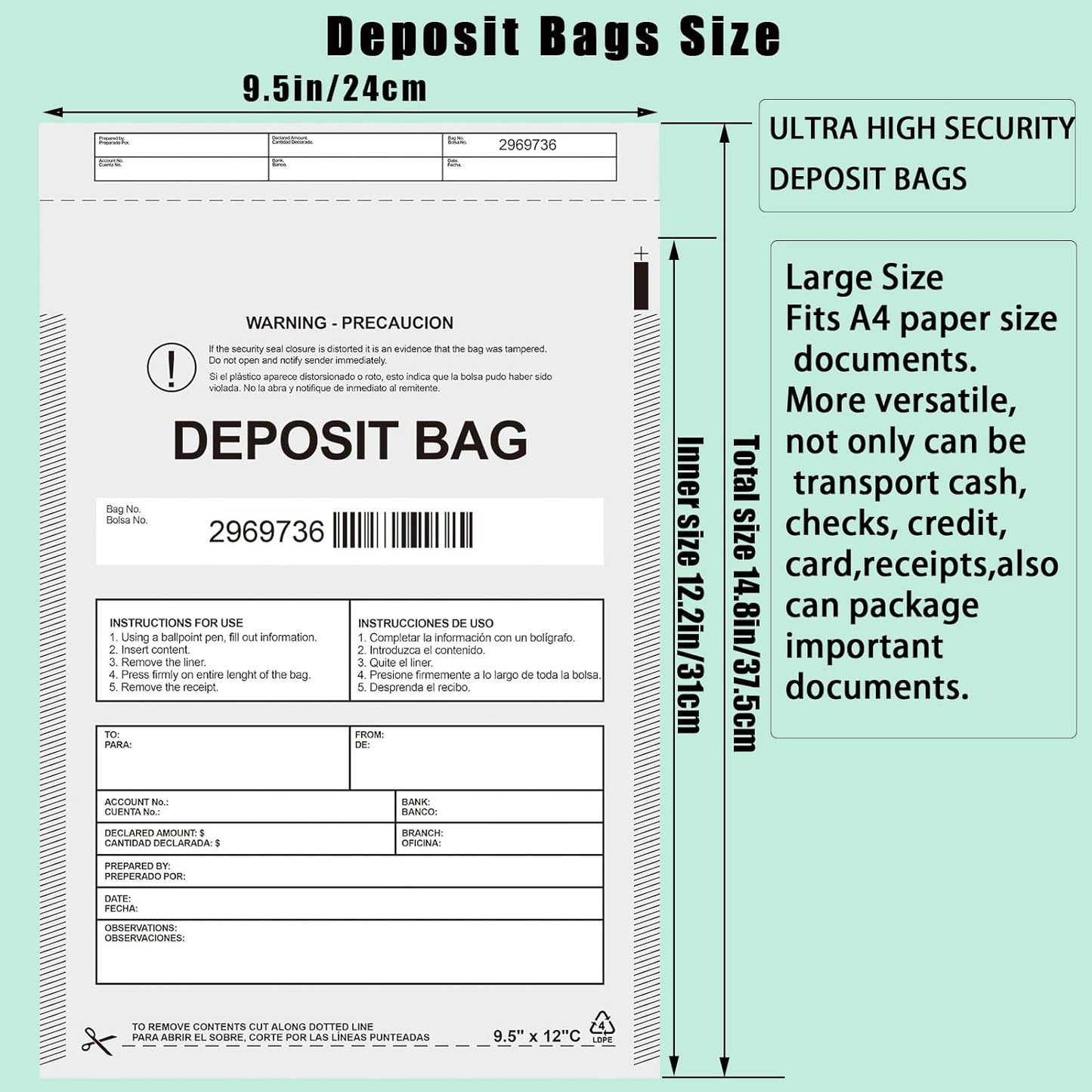Plastic Deposit Bags 30 Pack 9.5''x 15'', Opaque Security Bank Deposits,Cash register,Money bag for Cash,Bank Pocket,Tamper-Evident,Unique Barcode