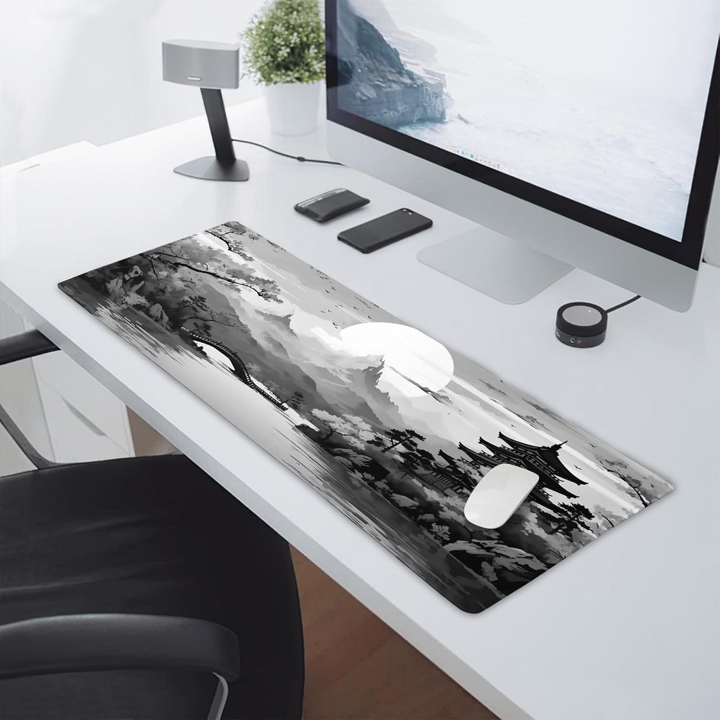 Black Gray Japanese Sakura Gaming Mouse Pad XXL Grey White Cherry Blossom Tower Mountain Aesthetic Extended Desk Mat Big Mousepad Non-Slip Rubber Base Stitched Edge Mousepad for Office,31.5×11.8 in