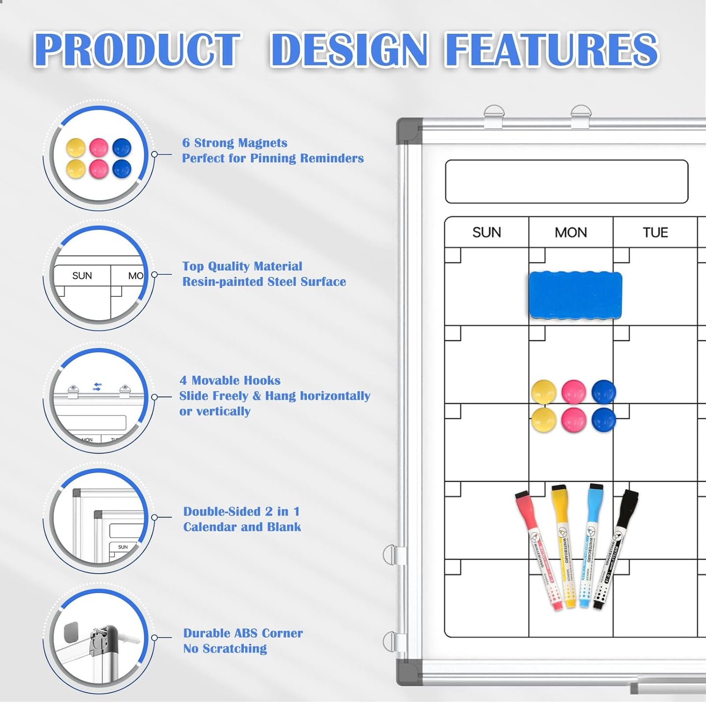 Monthly Calendar Dry Erase Whiteboard for Wall, 24" x 18" Magnetic Calendar White Board, Double-Sided Portable Board for Office, Kitchen, School, Home
