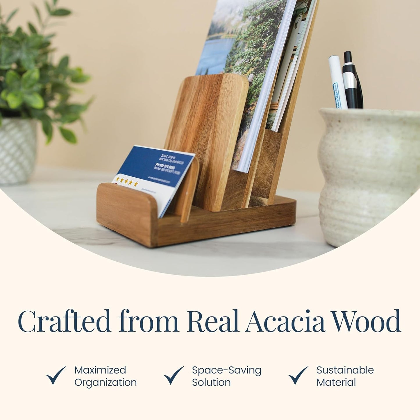 Brochure Holder - 4-Tier Acacia Wood Brochure Display Stand - Waterproof Flyer Stand w/Non-Slip Base - Handmade Flyer Holder for Flyer Display, Menu Holder, Pamphlet & Business Cards- [Pack of 1]