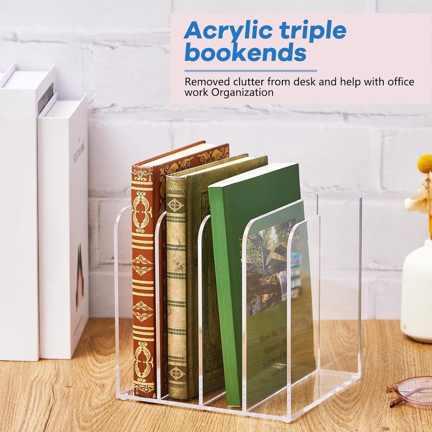 Suzile Clear Acrylic Magazine File Holder with Vertical Compartments Desk Organizer Book Rack for Desk Sorter Paper Folder Office Accessories(Stylish,7 x 6.9 x 6.3 Inch)
