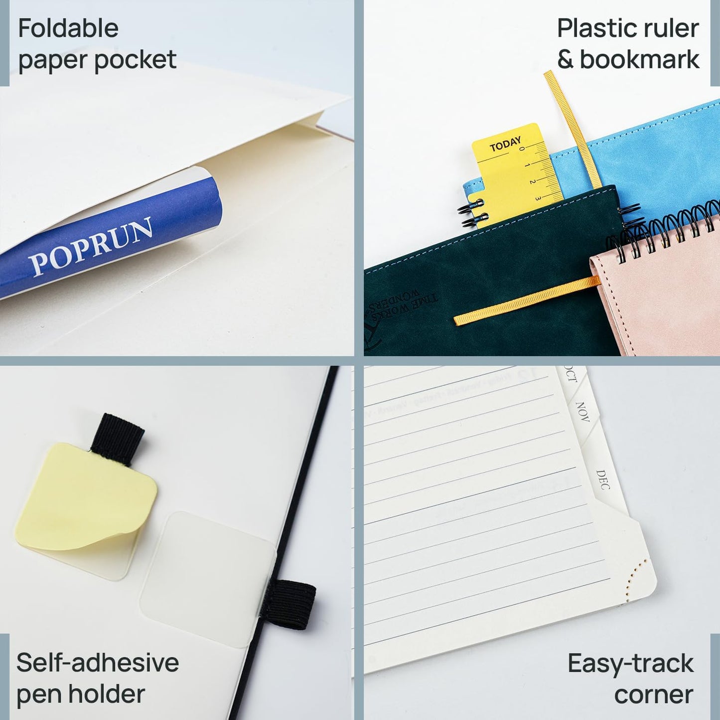 POPRUN 2026 Planner Weekly Notebook (Jan-Dec), Small Size 4''x 6.25'' - 2026 Pocket Calendar for Purse with Spiral Soft Cover, Plastic Ruler, Inner Pocket, 100 GSM - Cerulean Blue