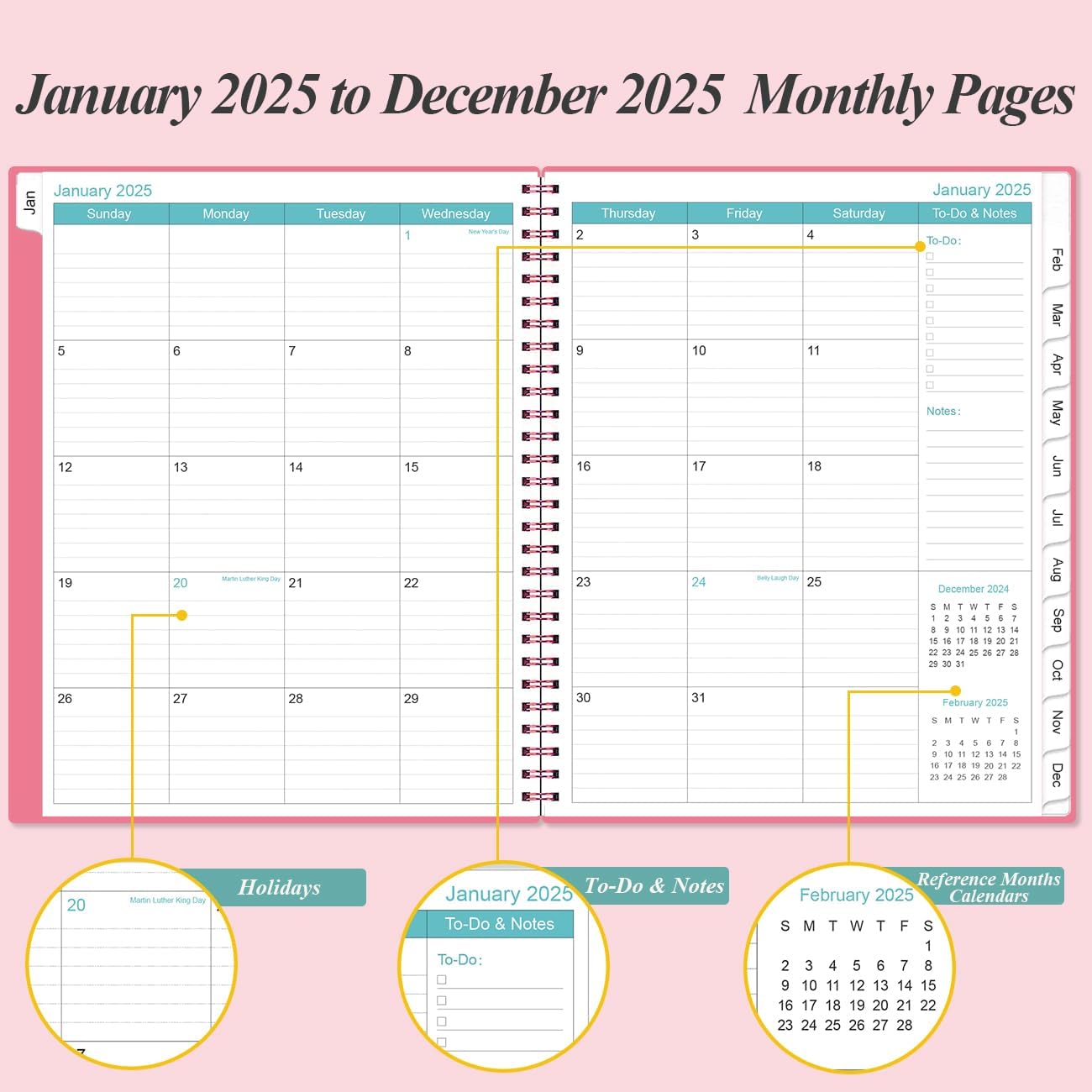 2025 Planner - Planner 2025 from January 2025 to December 2025 with 12 Monthly Tabs, Flexible Cover, Inner Pocket, 8.5" x 11", Pink