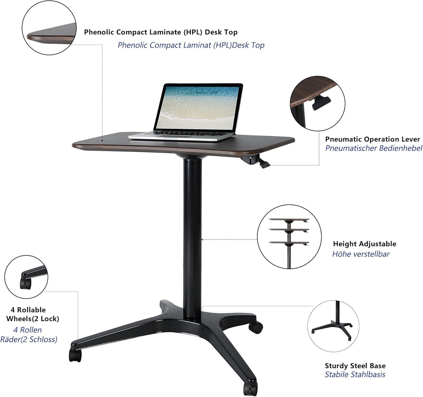 Mobile Standing Desk,Pneumatic Height Adjustable Laptop Desk, Mobile Laptop Desk with Wheels, Height Adjustable from 29.5'' to 47'',Black