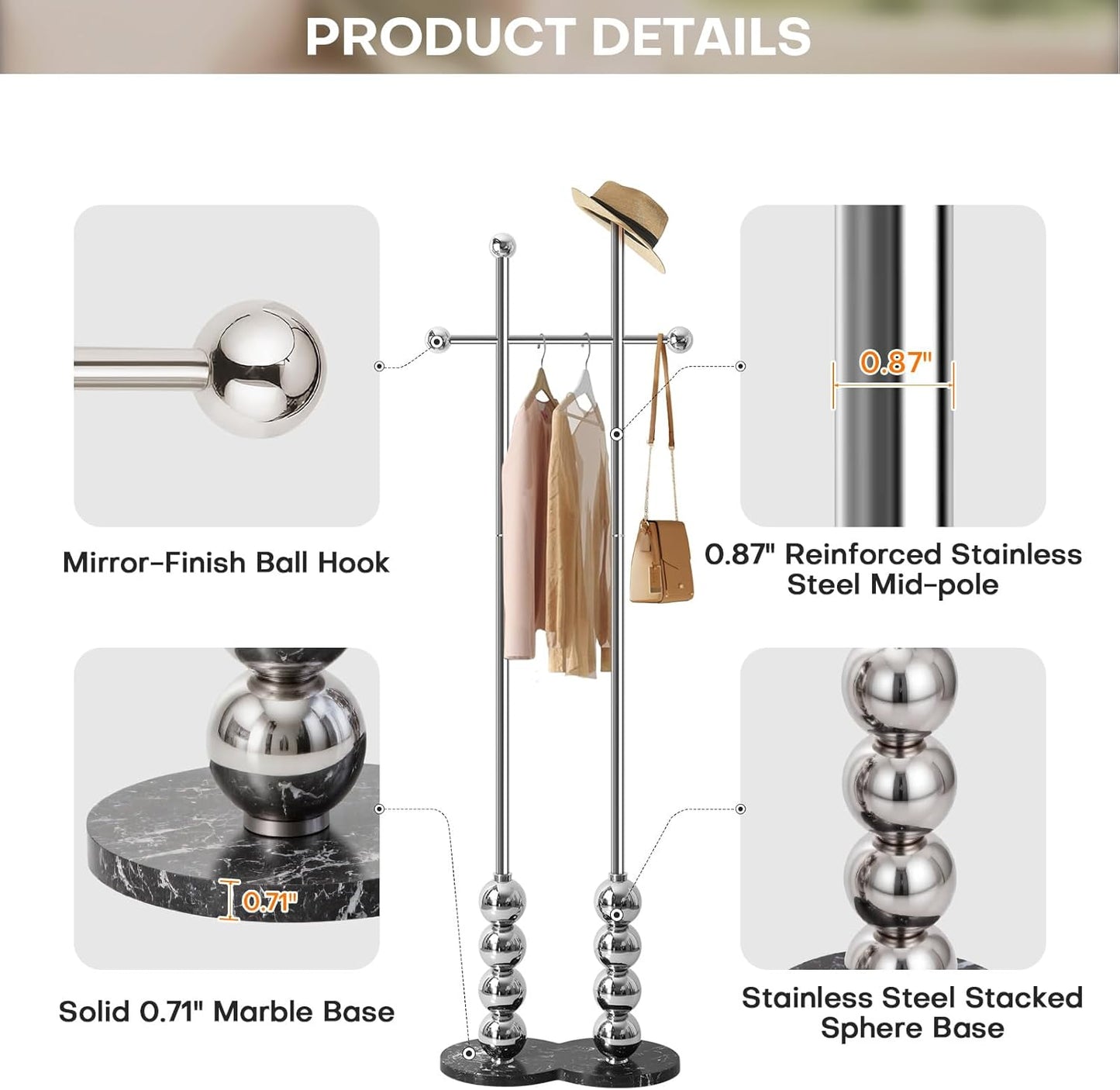 Metal Freestanding Coat Rack with Stainless Steel Double Rods & Marble Base, Hanging Clothes Rack for Entryway, Hallway, Bedroom, Living Room, Sliver