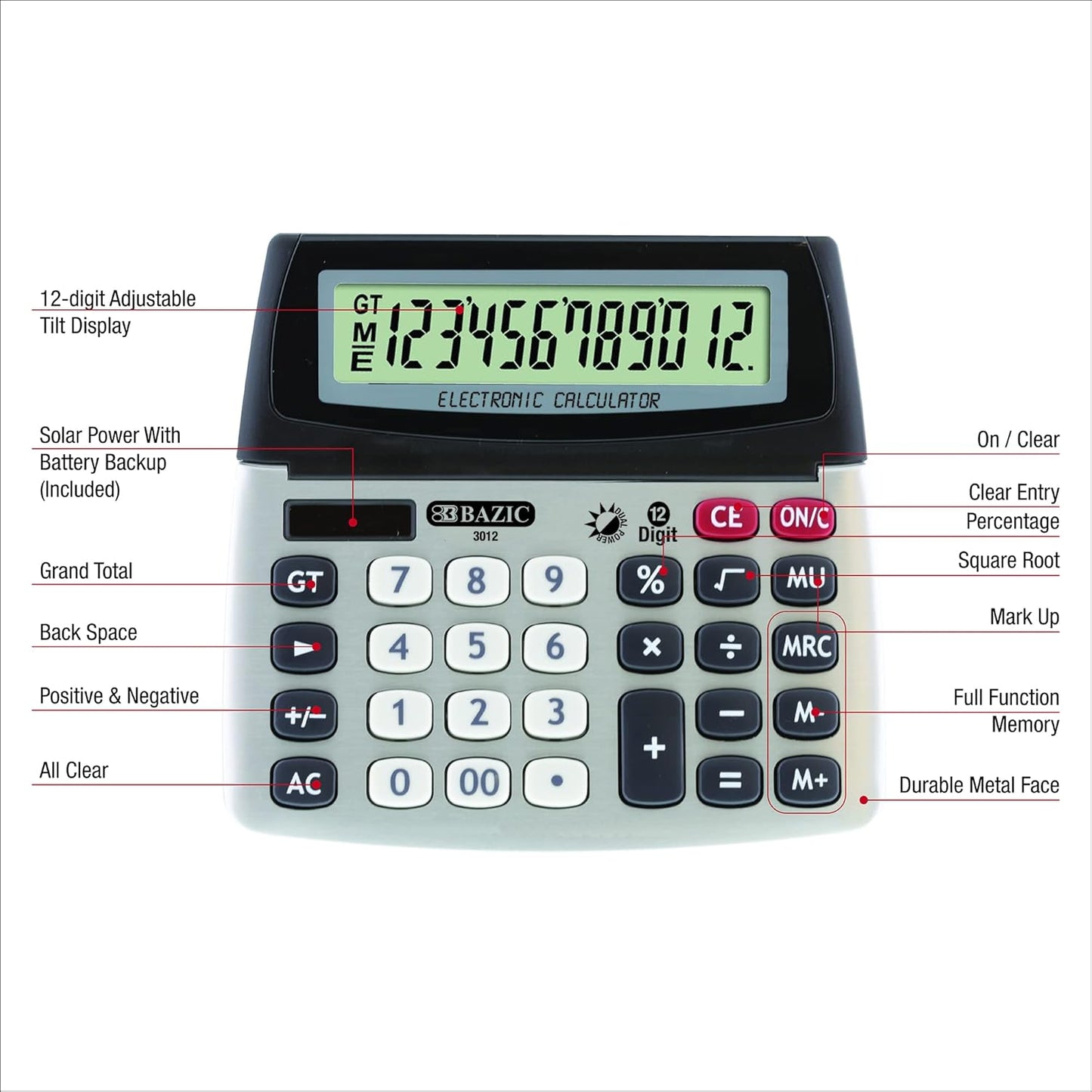 BAZIC 12-Digit Dual Power Desktop Calculator with Adjustable Display (Case of 12) (3012-12)