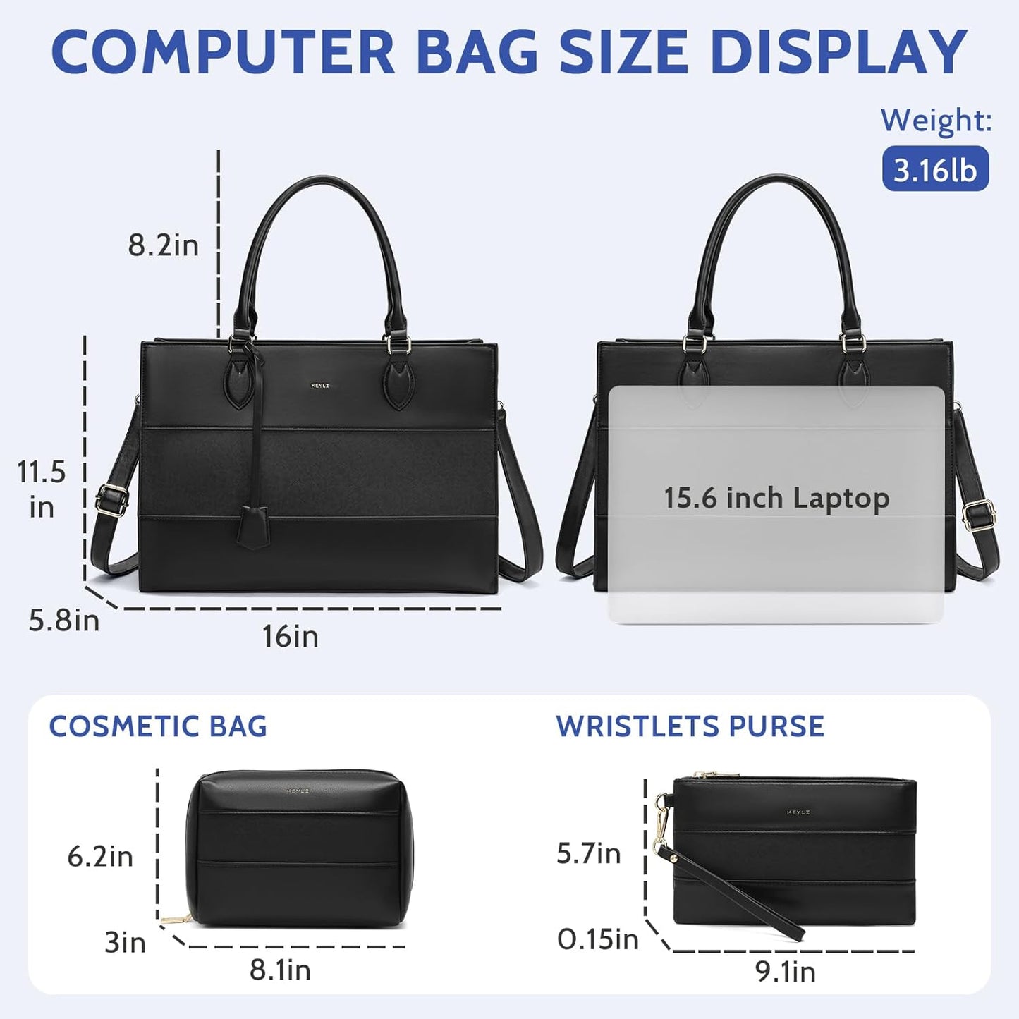 Keyli 3pc Sets Laptop Bag for Women,15.6 Inch Work Tote Bags Waterproof Leather Business Computer Briefcase Shoulder Handbag