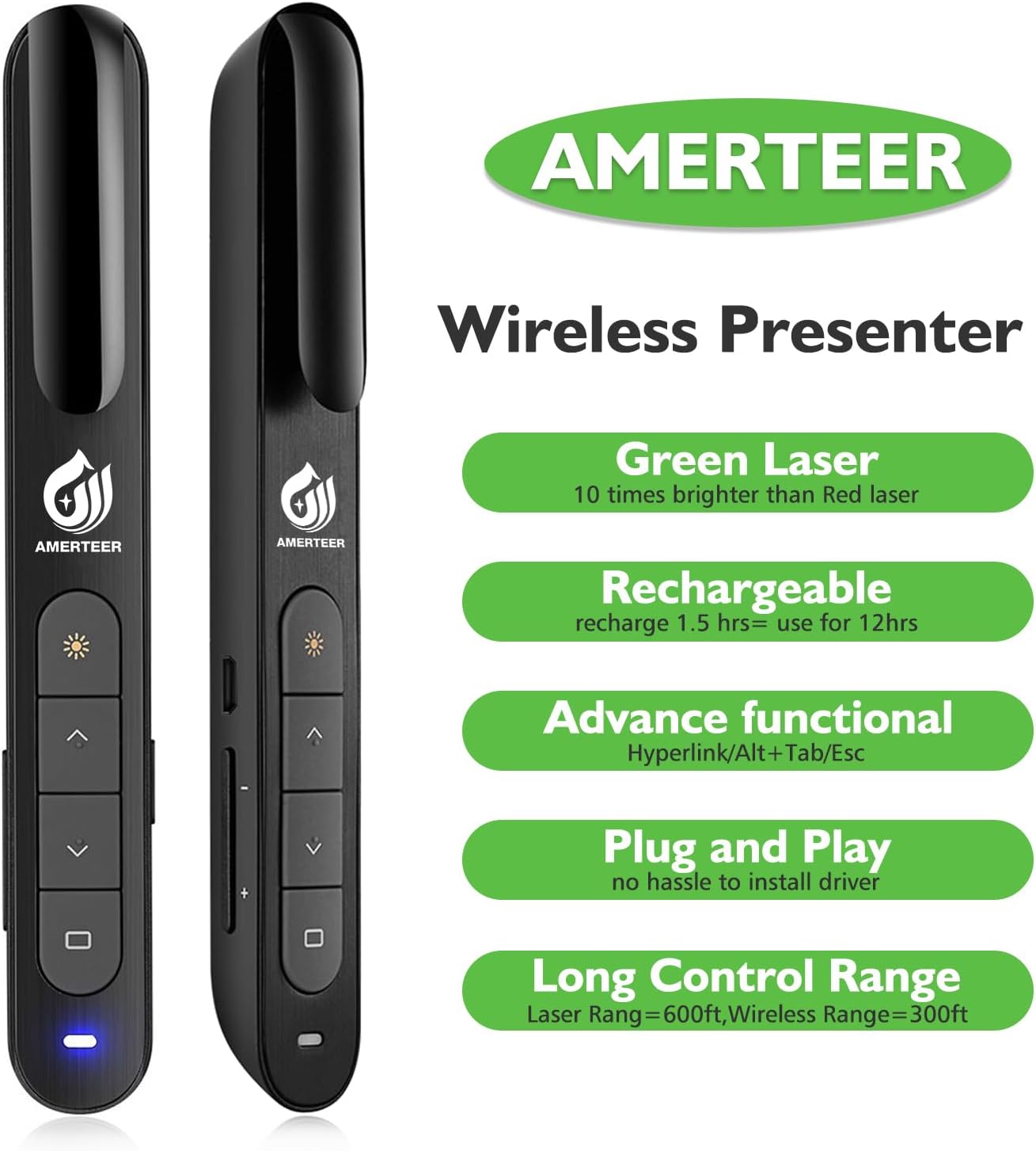 AMERTEER Wireless Presentation clicker for Powerpoint Presentations, Green Light Rechargeable Powerpoint Clicker with Laser Pointer Support Hyperlink RF 2.4GHz (1 PCS)