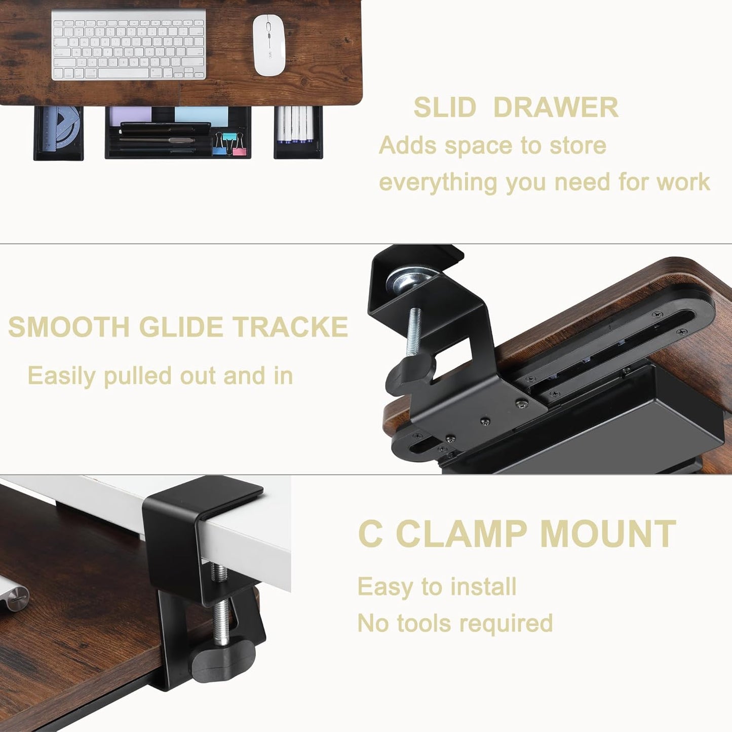 Keyboard Tray Under Desk with Drawer,26.77" X 11.81"Large Size Keyboard Tray with C Clamp-on Mount, Easy to Install, for Home Office (Mahogany)