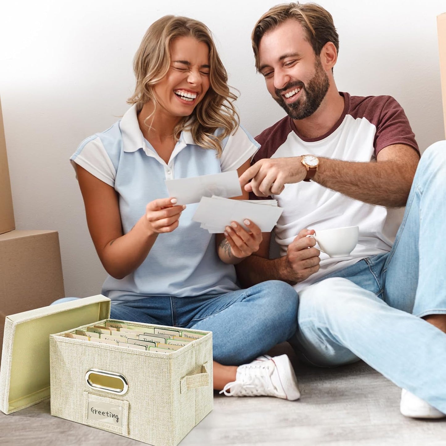 Vienrose Greeting Card Organizer 2 Pack, Storage Box with 20 Adjustable Dividers, Foldable Organizer Box Holds over 150 Cards, Storage Stickers Recipes Photos Envelopes Bills Vinyl Records, Beige