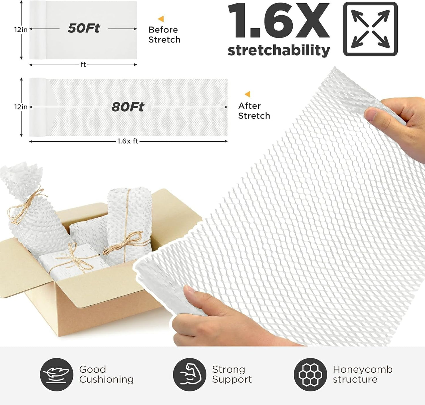 Honeycomb Packing Paper, 12"x50' White | Perforated Honeycomb Packing Paper Recyclable Moving Supplies for Shipping & Moving | Plastic-Free Alternative to Bubble Cushion Wrap with 36 Fragile Stickers