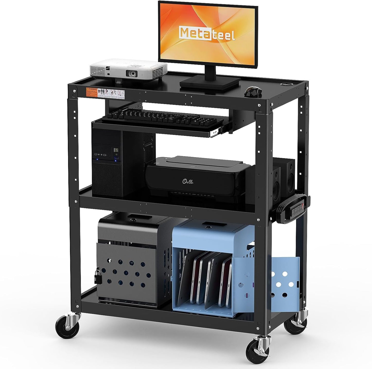 Extra-Large 3-Tier Utility Cart with Built-in Power Strip – Heavy-Duty 14-Gauge Steel Rolling Cart for Office, Workshop, or Classroom – 300 Lb Capacity (34" x 18" x 41.75")