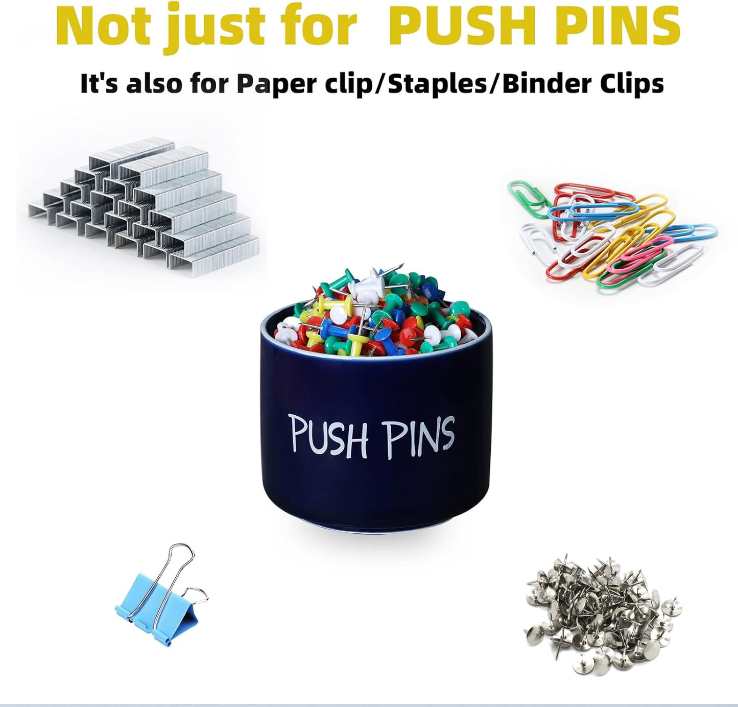 Ceramic Push Pins Holder, Paper Clips Dispenser Organizer for Desk and Binder Clips Holders Container for Office School Home Supplies 3.4Inch, Navy