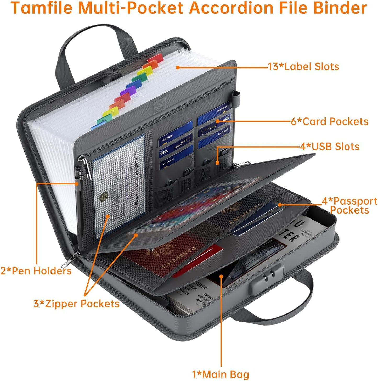5200℉ Fireproof Accordion File Organizer with Lock, Thickened Document Organizer 13 Pocket with Zipper & Labels, Important Document Organizer, Expanding File Folder with Handle for Letter A4 (Grey)