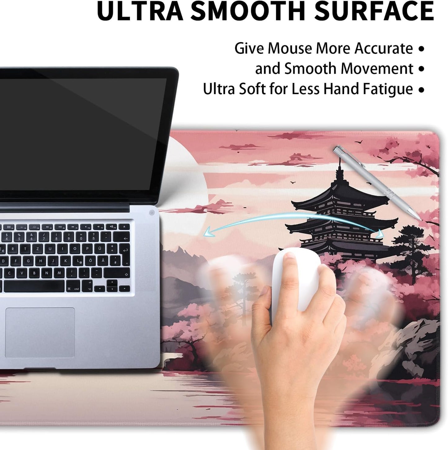 Pink Japanese Sakura Gaming Mouse Pad XXL Cherry Blossom Tower Mountain Landscape Big Extended Large Desk Mat Non-Slip Rubber Base Stitched Edge Long Mousepad for Computer Gamer, 35.4 x 15.7 in