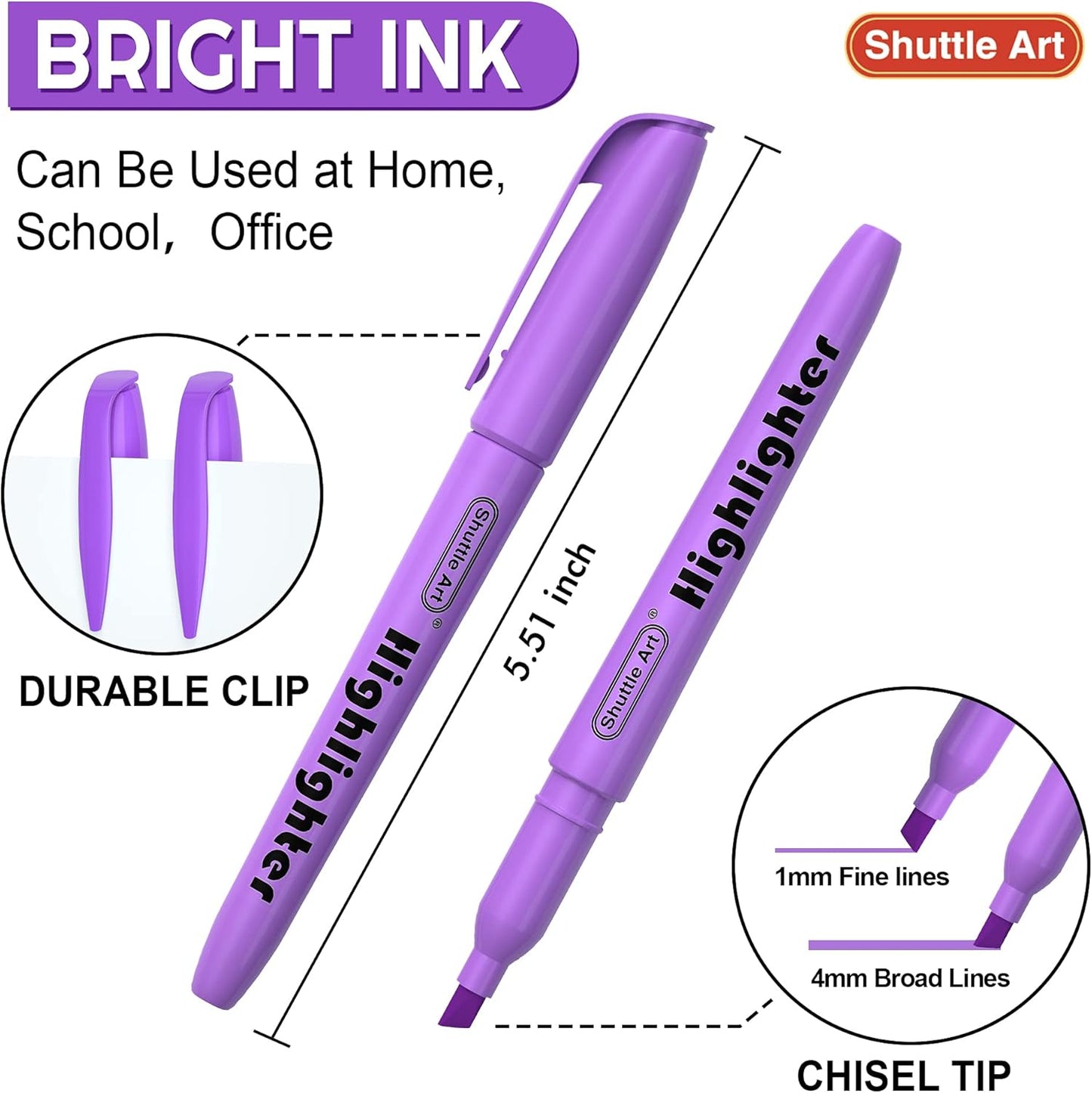 Shuttle Art Highlighters, 30 Pack Purple Highlighters Bright Colors, Chisel Tip Dry-Quickly Non-Toxic Highlighter Markers for Adults Kids Highlighting in Home School Office