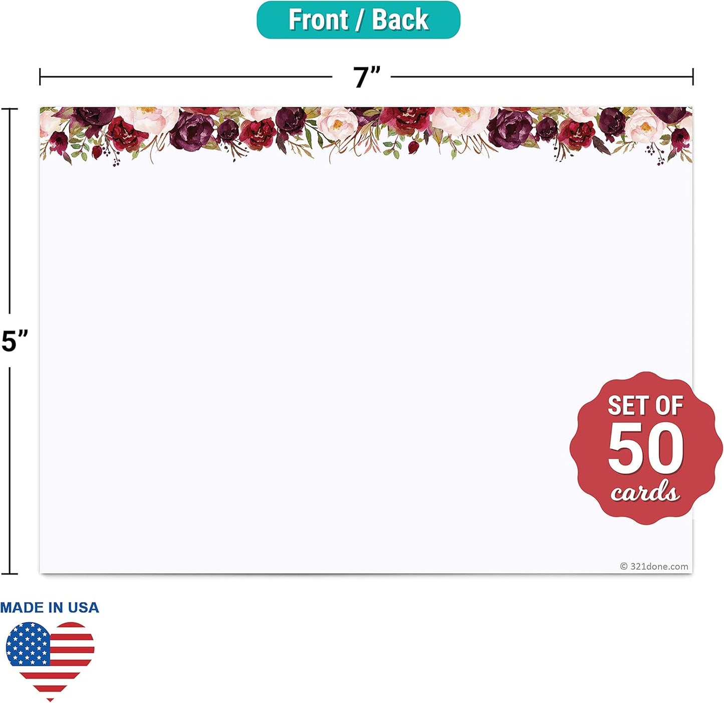 321Done Red Roses Index Cards - 5x7 Cardstock, White (Set of 50) - Blank, No Lines - For Studying, Learning, Flashcards, Notes, Messages, Notecards, Greeting Card Making - Pretty Floral - Made in USA