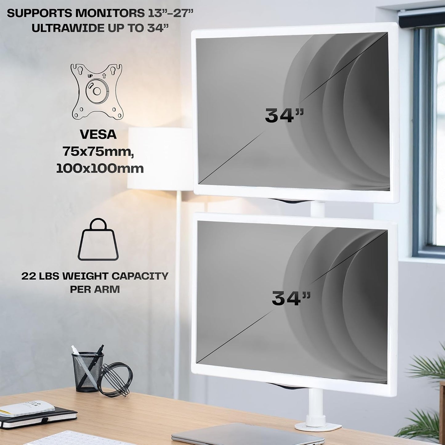 VIVO Dual Monitor Desk Mount Stand with Height Adjustment and VESA Plates for 2 LCD Ultrawide Screens up to 34 inches, Stacked Array, STAND-V002RW