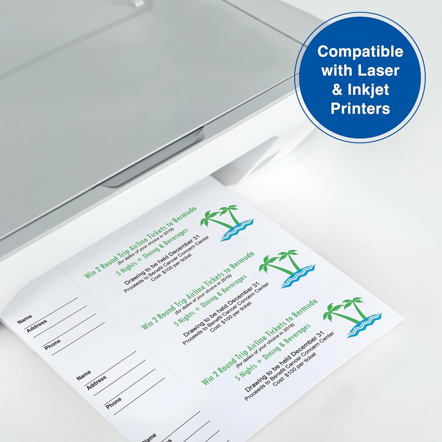 PrintWorks Printable Raffle Tickets With Tear-Away Stubs for Events & Fundraisers - 1000 Custom Tickets (Size 2.75" x 8.5") - 4 per Sheet - 250 Sheets (8.5" x 11") - Made in the USA - White (04295)