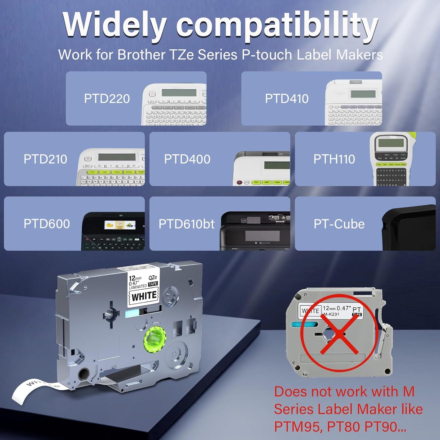 8Pack TZe-231 Tape Label Maker Compatible with Brother P-Touch TZe-231 Tape, TZE231 ½” 0.47”x 26.2 ft Laminated Black on White, for use with PT-D210, PT-H110, PT-D220, PT-D410, PT-D600