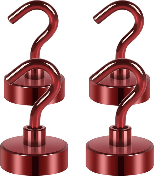 Neosmuk Magnetic Hooks,Heavy Duty Earth Magnets with Hook for Refrigerator, Extra Strong Cruise Hook for Hanging, Magnetic Hanger for Cabins, Grill (Red, Pack of 4)