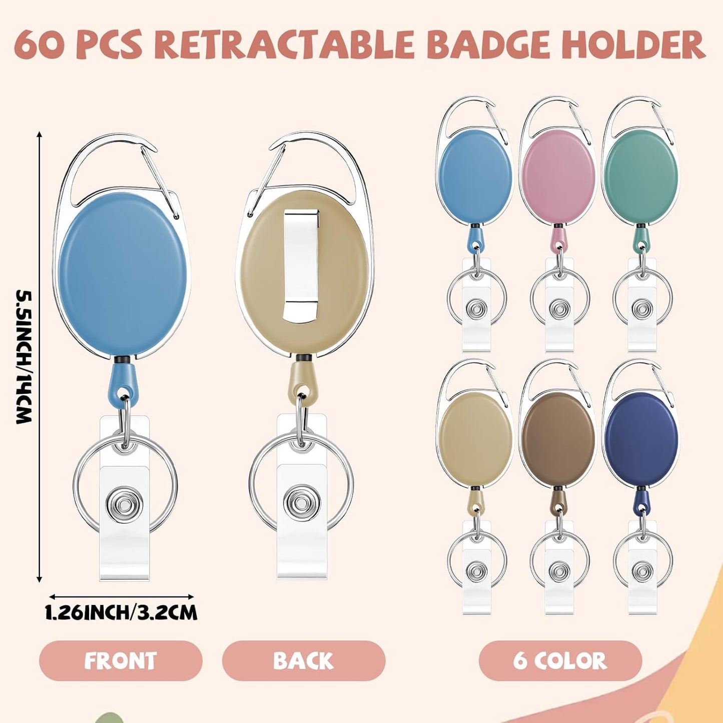 6 Color 60 Pcs Retractable Badge Holder with Carabiner Clips and Key Ring ID Badge Holder Retractable Clip Bulk for Office Worker Doctor Nurse Employee School Students Gifts