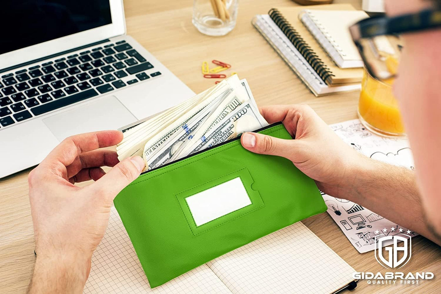 Money Bank Deposit Bag with Zipper | 11x6 inch | Light Green | Durable Leatherette Money Cash Coin Check Wallet Pouch for Men & Women with Framed ID Window and Blank Card | by GIDABRAND (10)